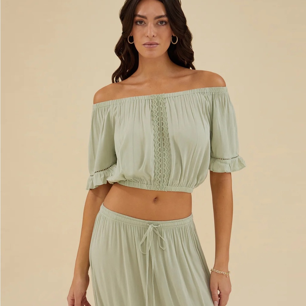 RACHEL PARCELL Bohemian Green Off-Shoulder Skirt Set medium and large - Picture 3 of 11